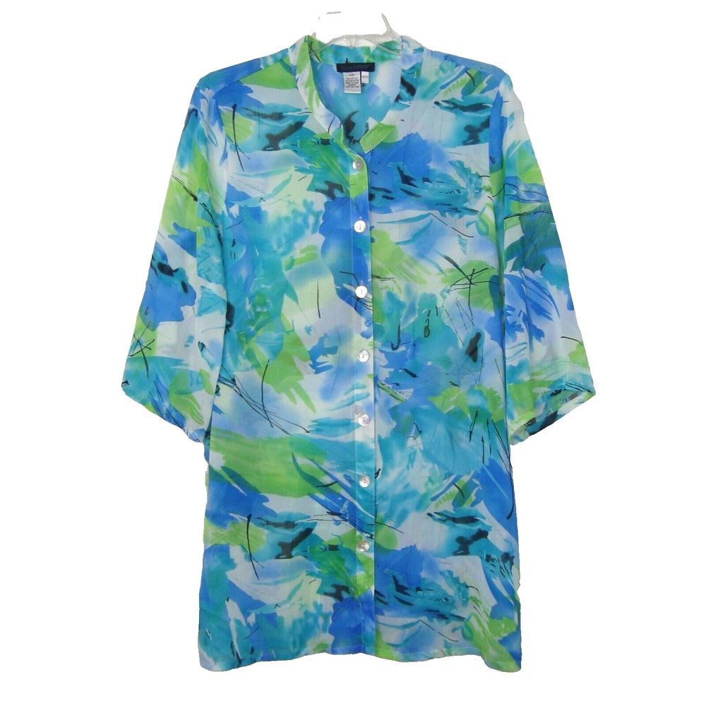 Ulla Popken Blue Green Floral Chiffon Art-to-Wear Jacket Topper Sz 20/22 2X